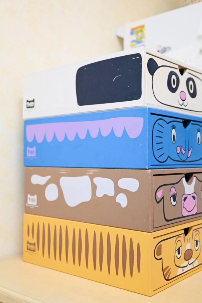 冷蔵庫の横にある、ロドニーの引き出し。フェリシモで毎月1つずつ届いた。