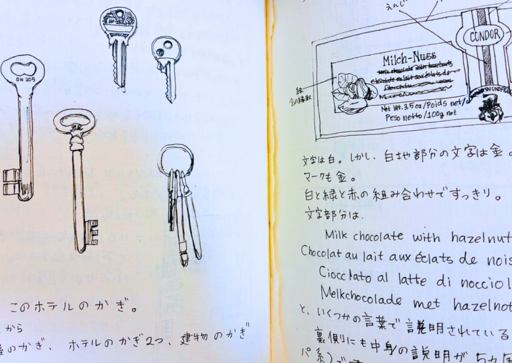 ニース旅日記に描いていた鍵やチョコレートのパッケージ