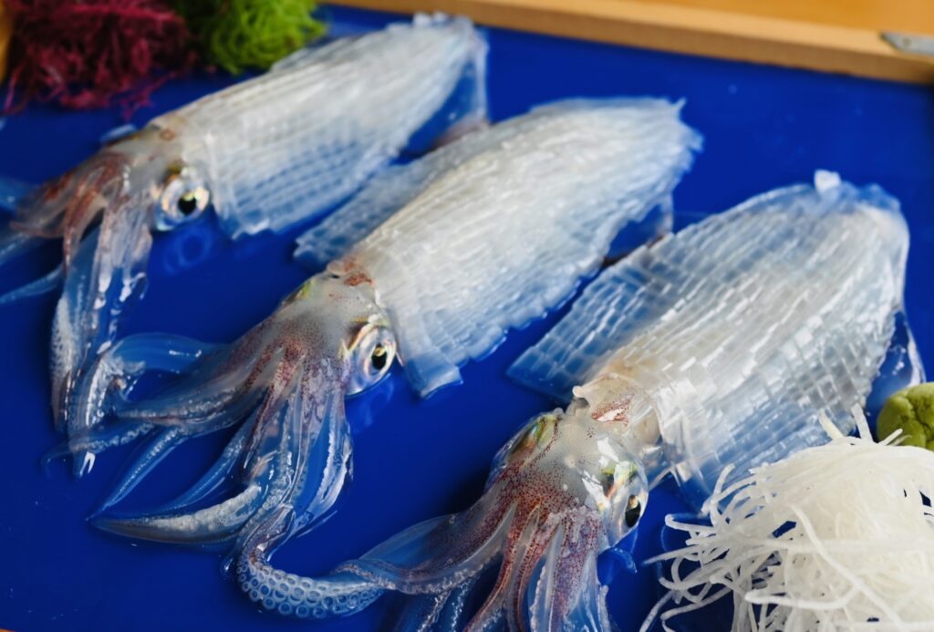唐津市呼子「お魚処 玄海」にて、イカの活き造り